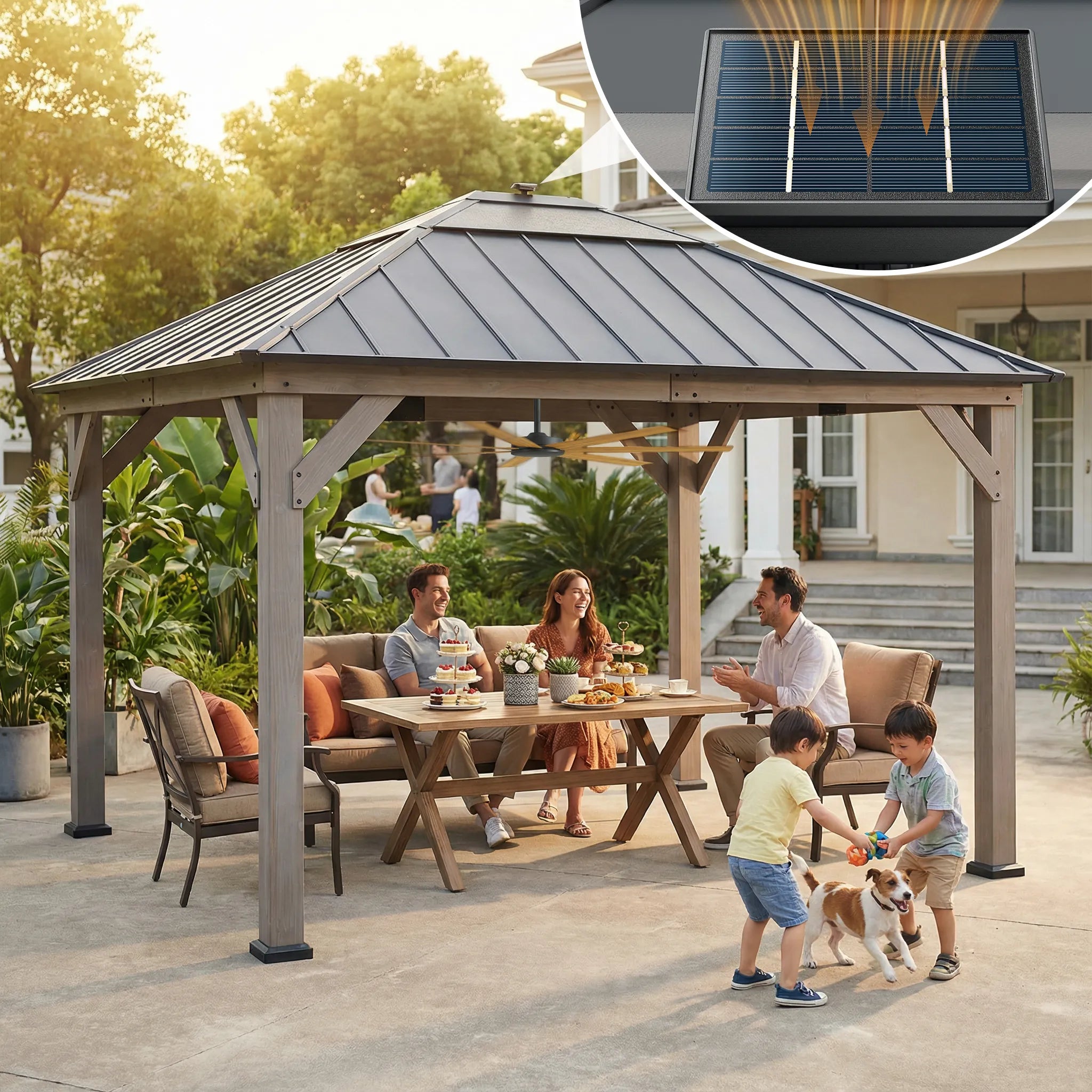 SUNJOY 11x13 Wooden Gazebo with Solar Panel, LED Lights and Ceiling Hook - Driftwood Cedar