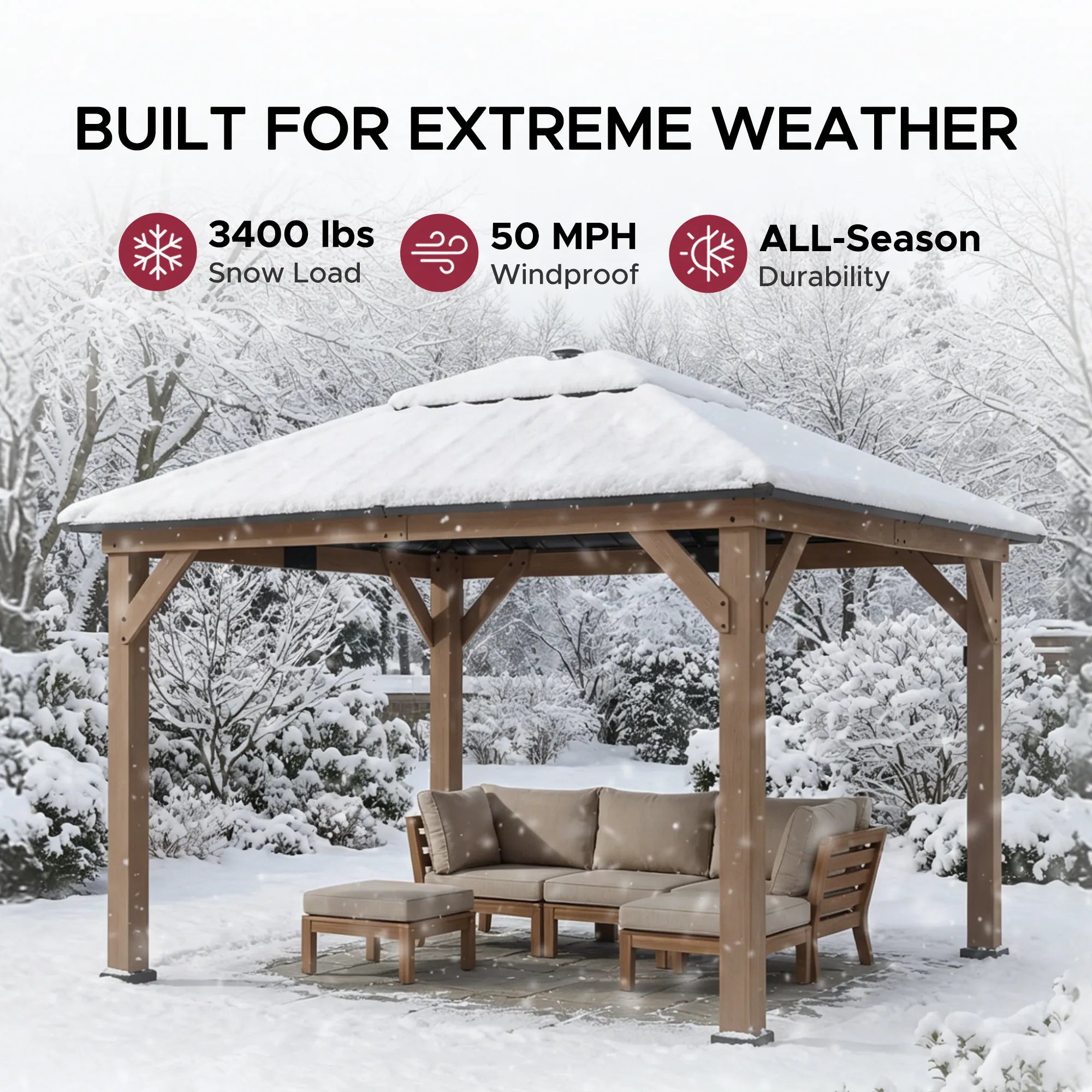 SUNJOY 11x13 Wooden Gazebo with Solar Panel, LED Lights and Ceiling Hook - Weathered Cedar