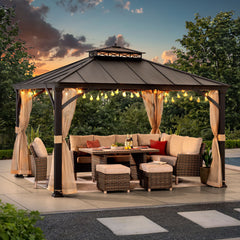 Sunjoy Outdoor Patio 11x13 Black 2-Tier Aluminum Frame Backyard Hardtop Gazebo with Metal Ceiling Hook and Netting.