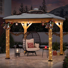 SUNJOY 9x9 Cedar Gazebo with Brown Metal Roof and Ceiling Hook.