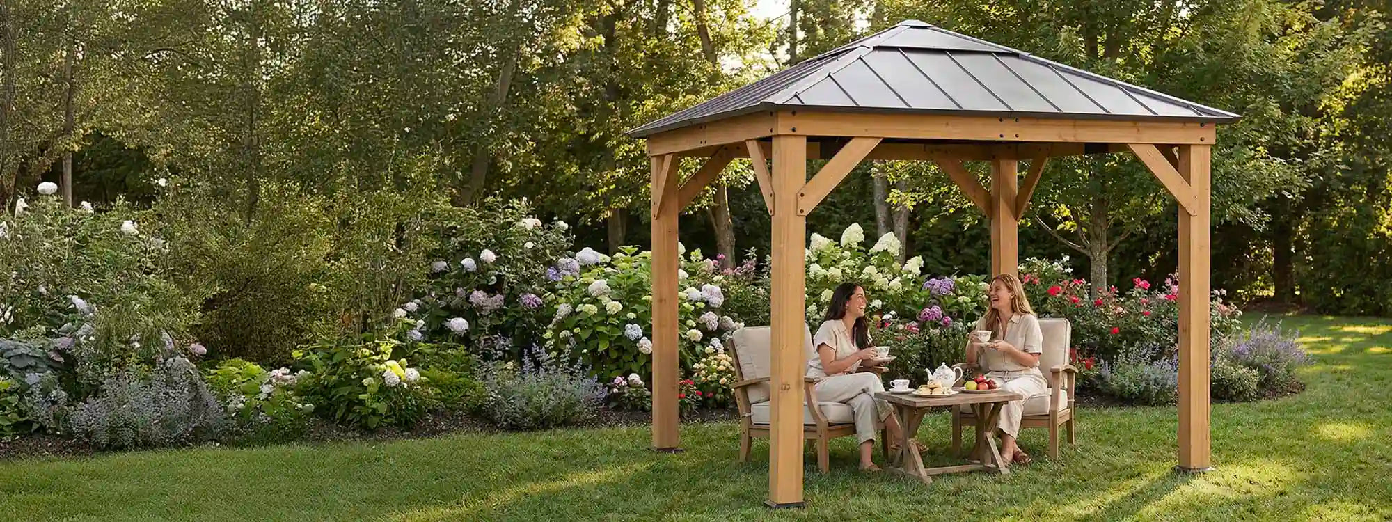 SUNJOY 9x9 Cedar Gazebo with Brown Metal Roof and Ceiling Hook