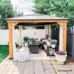 Sunjoy Outdoor Patio 11x11 Wooden Frame Backyard Hardtop Gazebo with Ceiling Hook