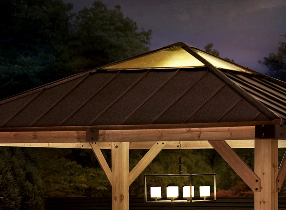 SUNJOY 11x11 Small Outdoor Wooden Gazebo with Metal Roof and Skylight