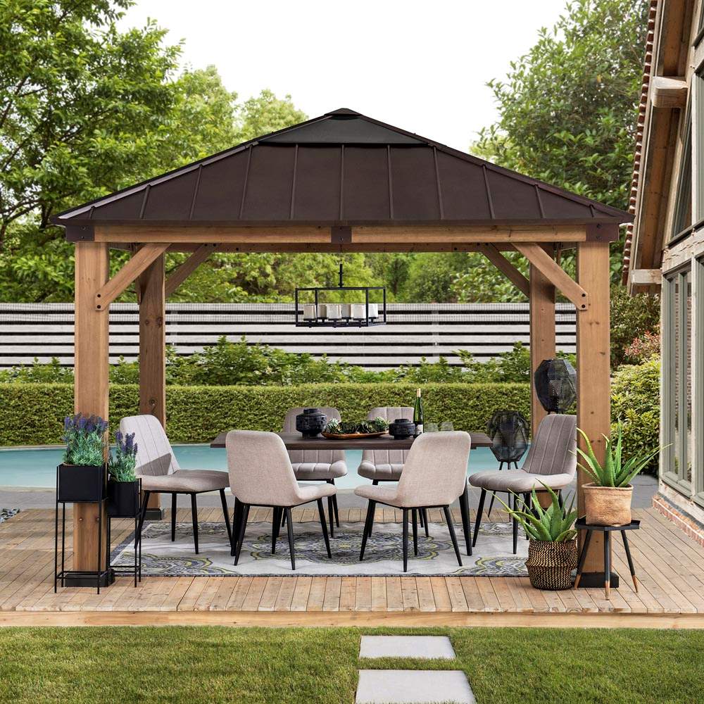 Sunjoy Outdoor Patio 11x11 Wooden Frame Backyard Hardtop Gazebo with Ceiling Hook.