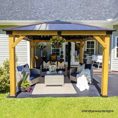 Sunjoy Outdoor Patio 11x11 Wooden Frame Backyard Hardtop Gazebo with Ceiling Hook.