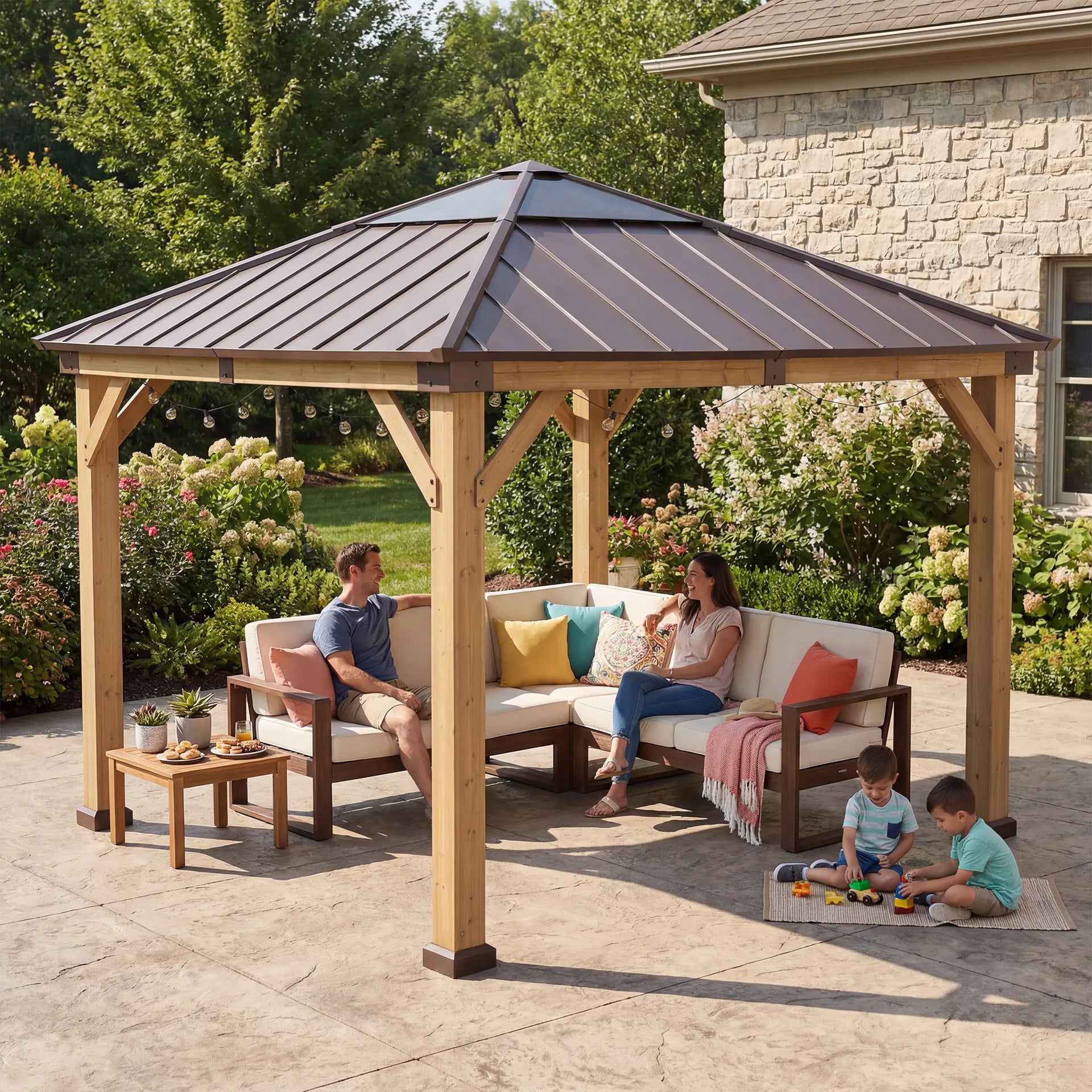 11x11 Small Outdoor Wooden Gazebo Metal Roof Skylight