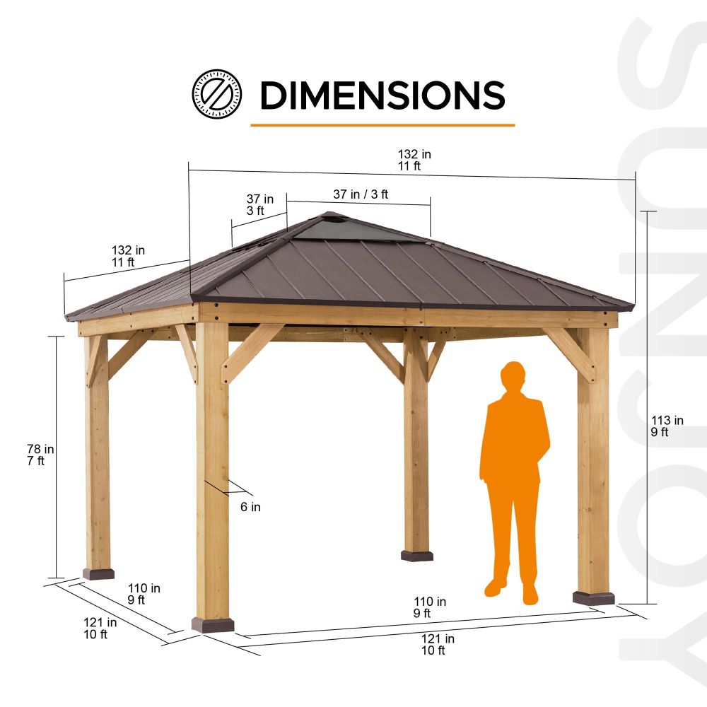 SUNJOY 11x11 Small Outdoor Wooden Gazebo with Metal Roof and Skylight