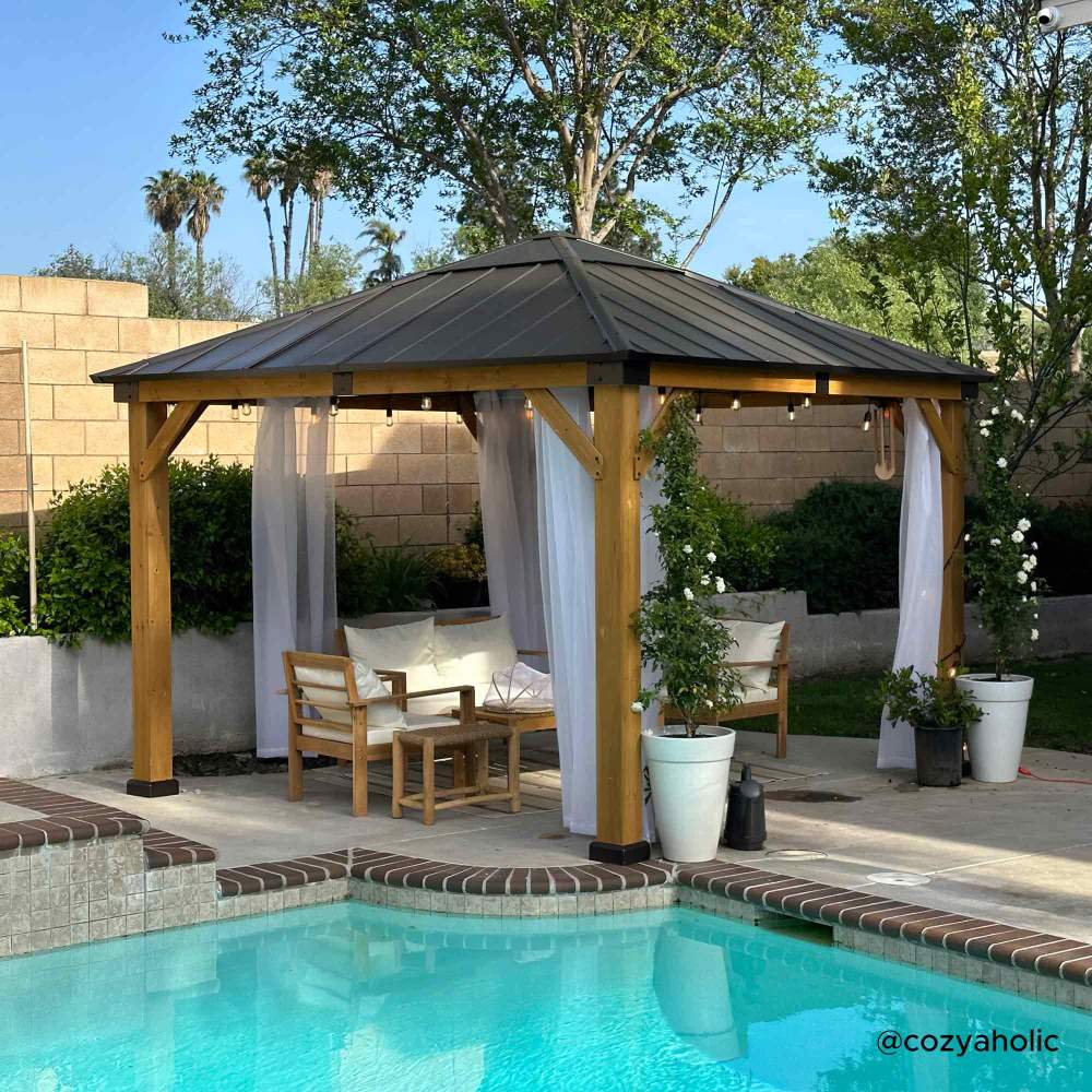 SUNJOY 11x11 Small Outdoor Wooden Gazebo with Metal Roof and Skylight 