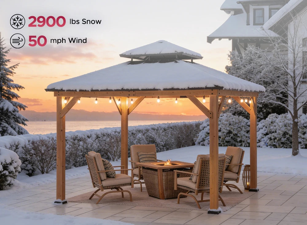 SUNJOY 11x11 Wooden Frame Backyard Hardtop Gazebo with Ceiling Hook - Upgrade Natural Cedar