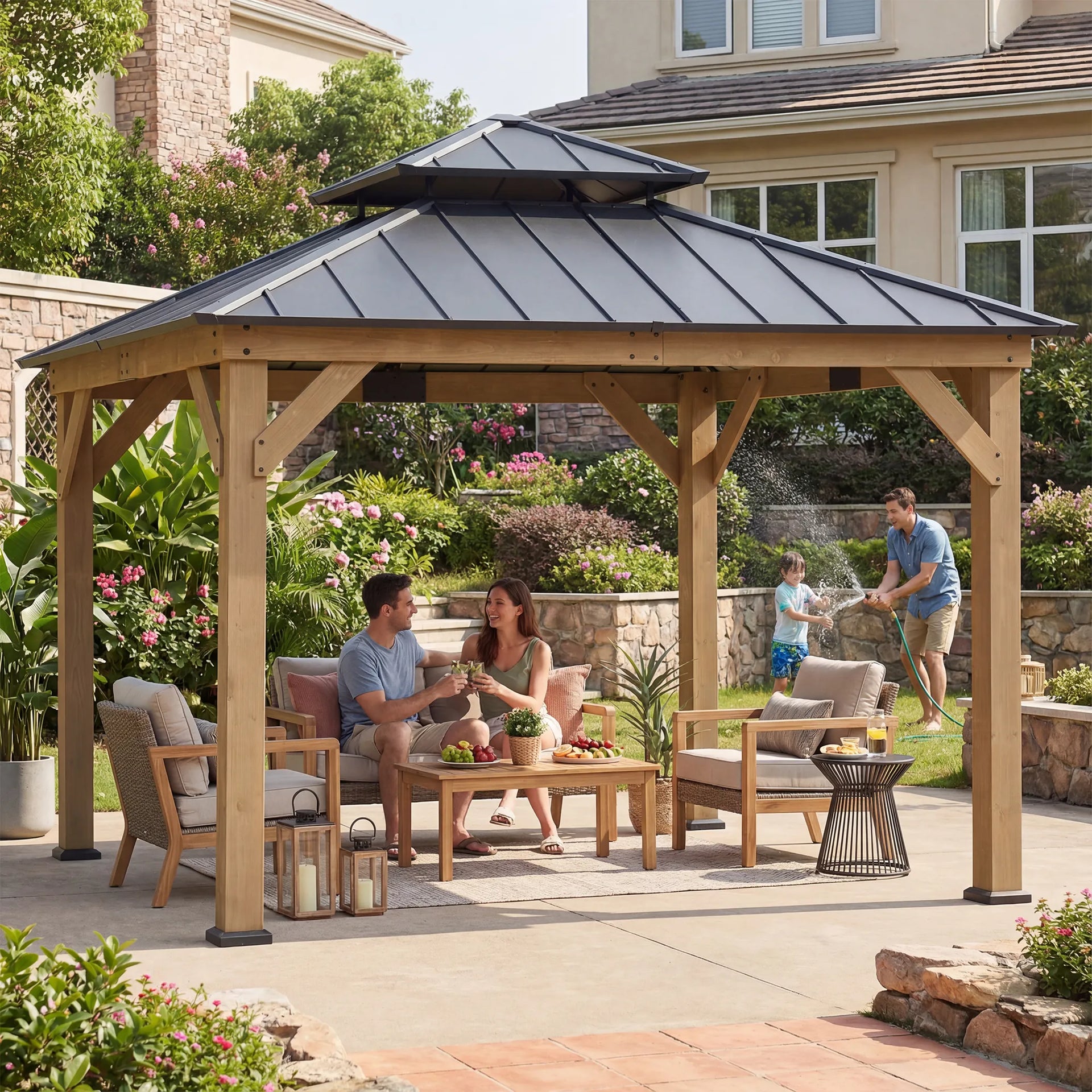 11x11 Wooden Frame Backyard Hardtop Gazebo Ceiling Hook Upgrade Cedar