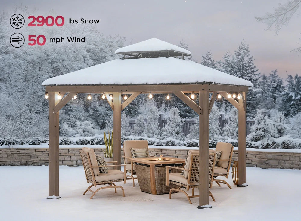 SUNJOY 11x11 Wooden Frame Backyard Hardtop Gazebo with Ceiling Hook - Upgrade Weathered Cedar
