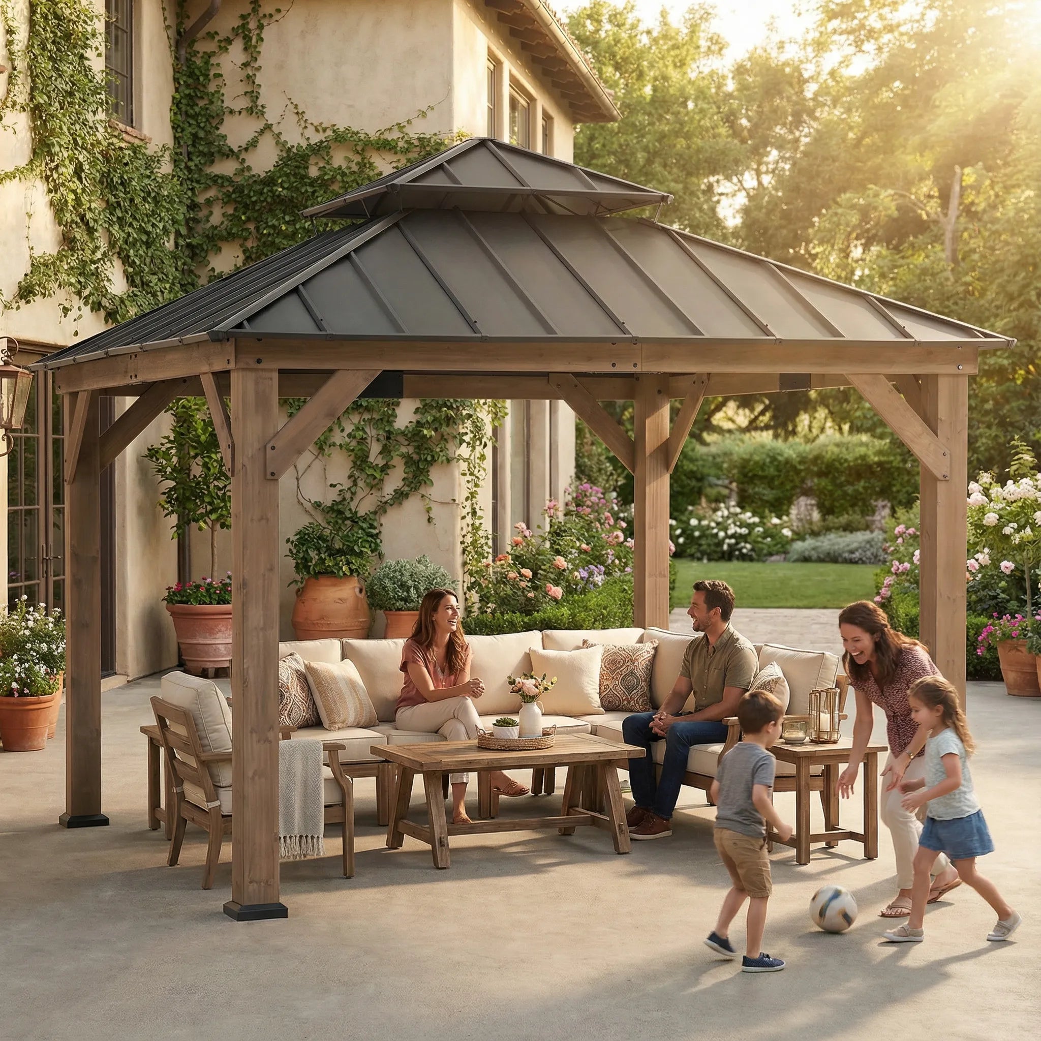 SUNJOY 11x11 Wooden Frame Backyard Hardtop Gazebo with Ceiling Hook - Standard Warm Cedar