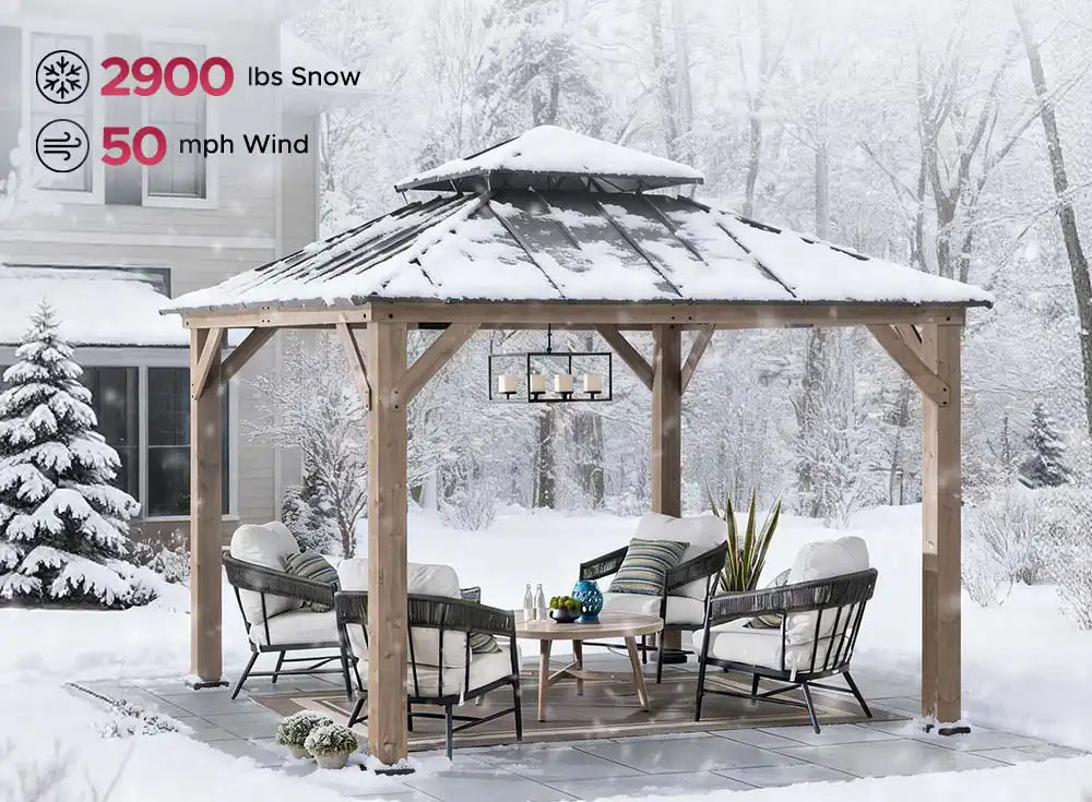 SUNJOY 11x11 Wooden Frame Backyard Hardtop Gazebo with Ceiling Hook - Standard Warm Cedar