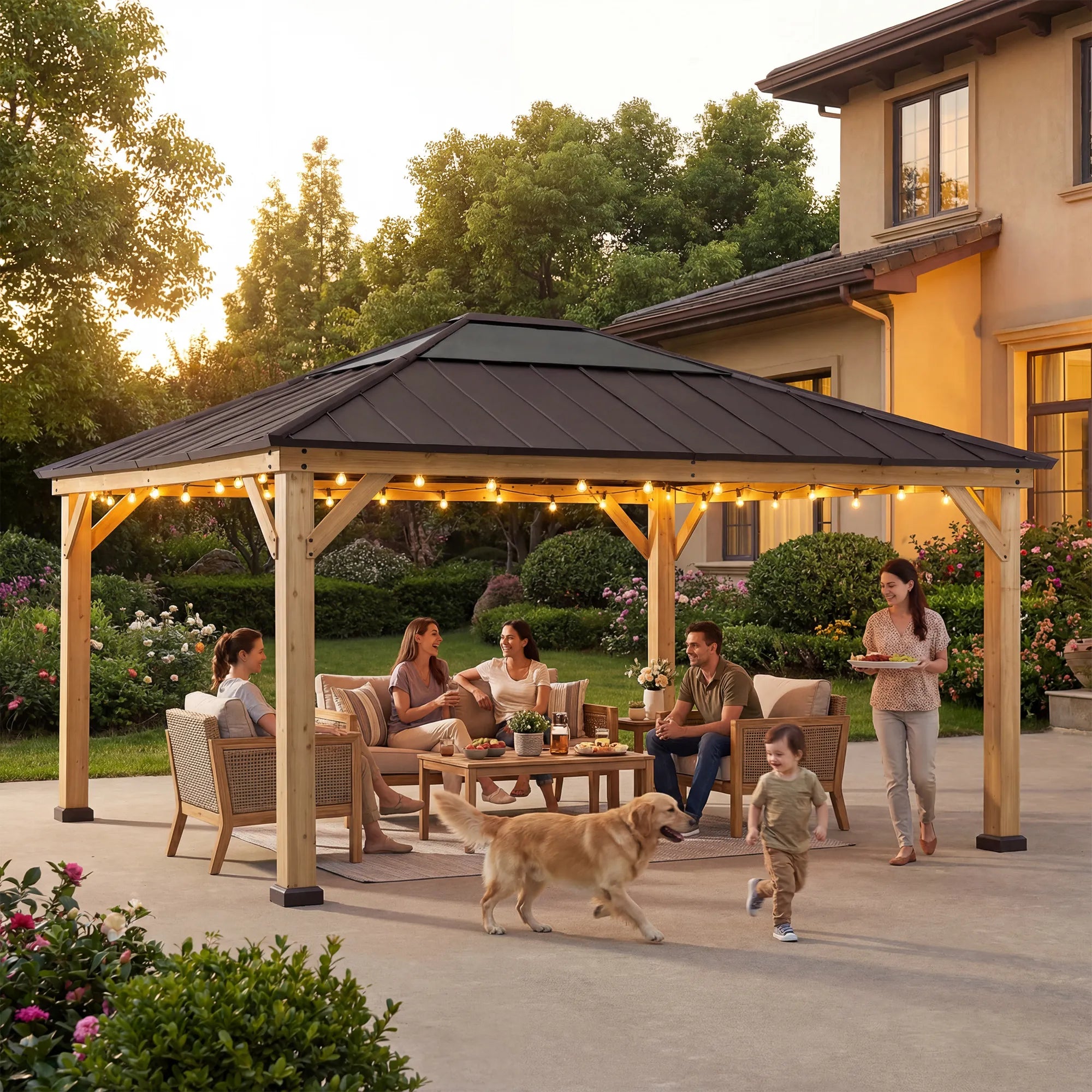 SUNJOY 13x15 Wood Frame Gazebo with Translucent Skylight