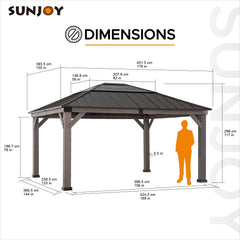 SUNJOY Outdoor Patio 13x15 Wooden Frame Hardtop Gazebo with Black Steel and Polycarbonate Hip Roof and Ceiling Hook