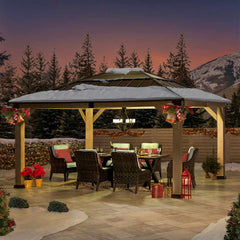 SUNJOY 13x15 Wooden Frame Gazebo with Hip Roof and Ceiling Hook.