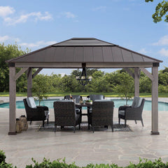 Sunjoy Outdoor Patio 13x15 Wooden Frame Hardtop Gazebo with Black Steel and Polycarbonate Hip Roof and Ceiling Hook.