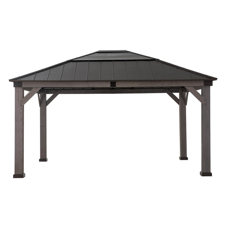 Sunjoy Outdoor Patio 13x15 Wooden Frame Hardtop Gazebo with Black Steel and Polycarbonate Hip