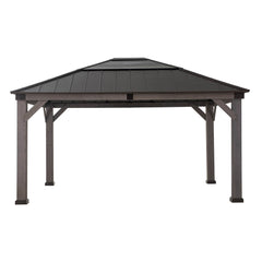 Sunjoy Outdoor Patio 13x15 Wooden Frame Hardtop Gazebo with Black Steel and Polycarbonate Hip Roof and Ceiling Hook.