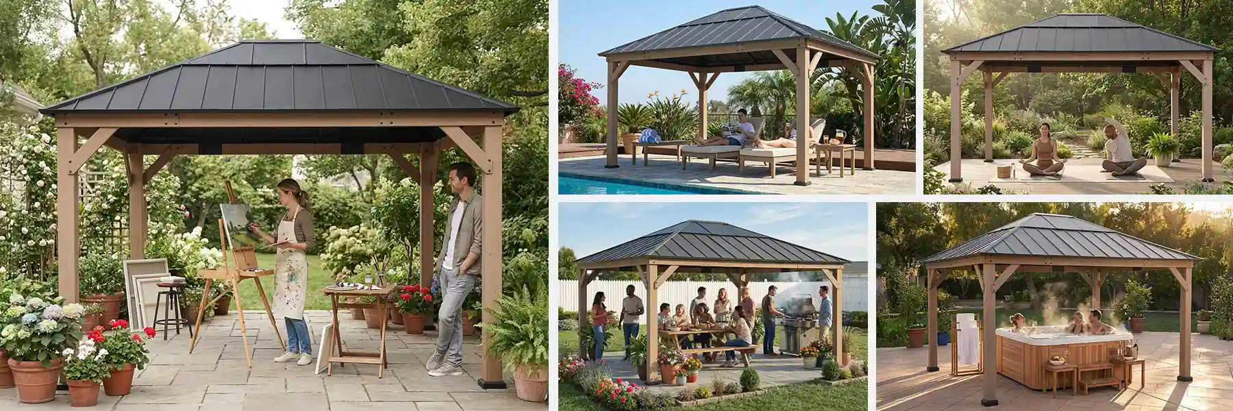 SUNJOY 13x15 Wooden Gazebo with Translucent Skylight and Ceiling Hook - Weathered Cedar