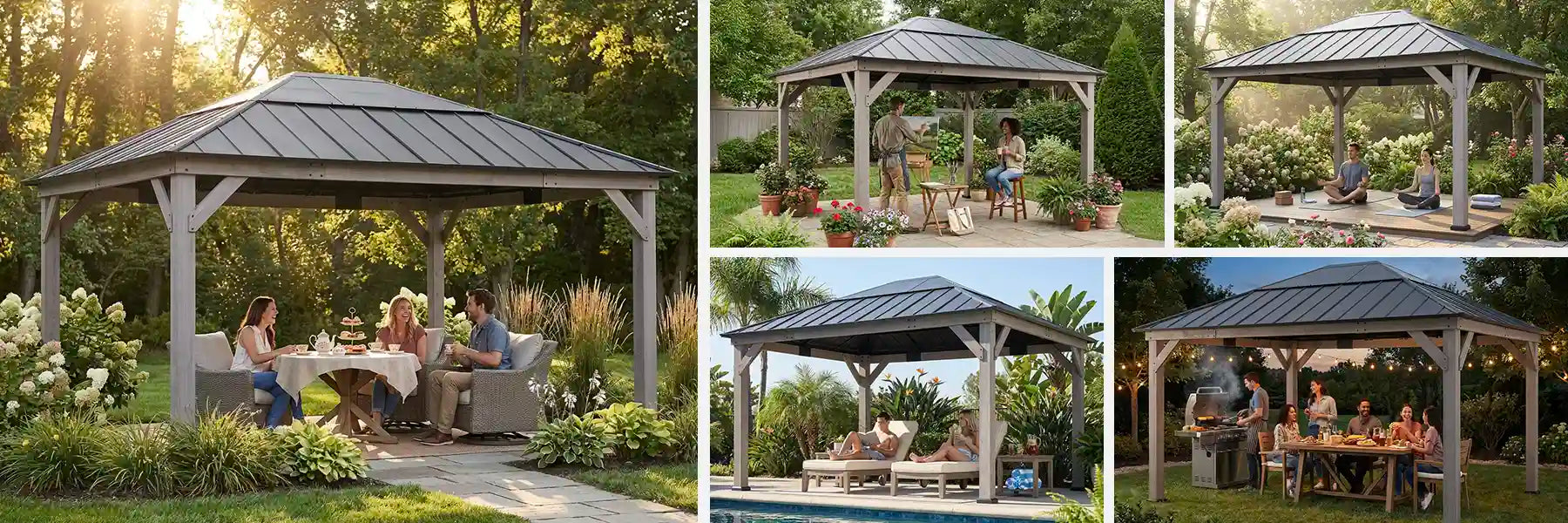 SUNJOY 13x15 Wooden Gazebo with Translucent Skylight and Ceiling Hook - Driftwood Cedar