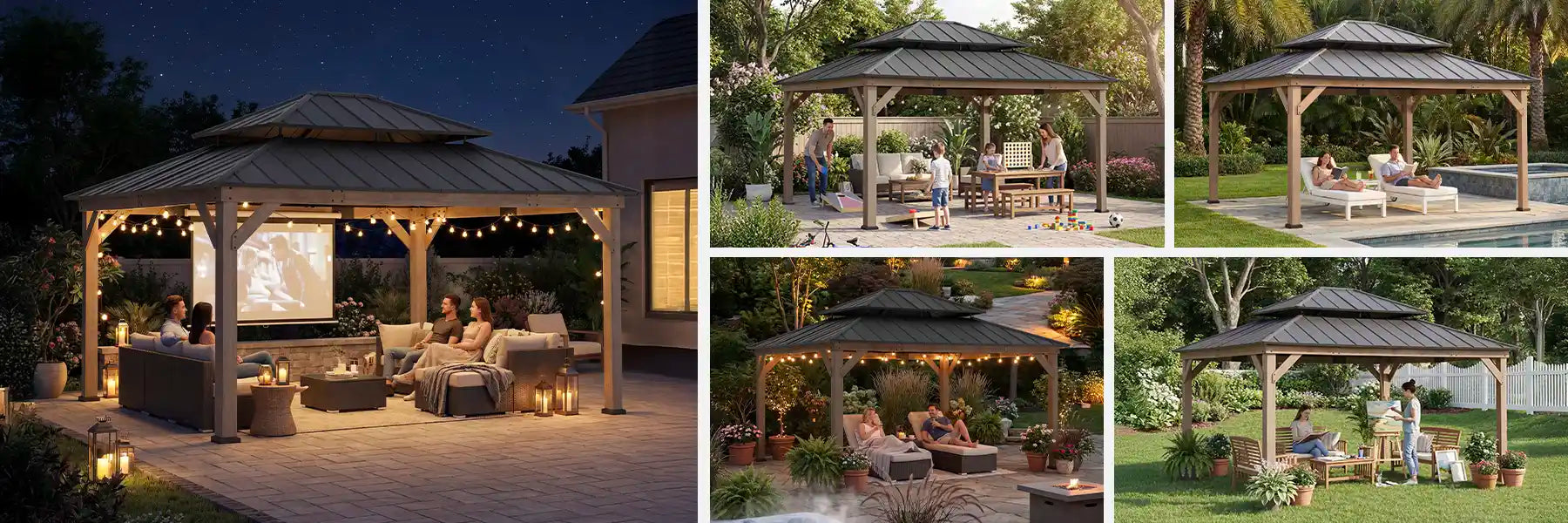 SUNJOY 13x15 Wooden Backyard Gazebo with Ceiling Hook - Weathered Cedar