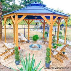 Sunjoy Outdoor Patio Octagon 13x13 Black 2-Tier Wooden Frame Backyard Hardtop Gazebo with Ceiling Hook