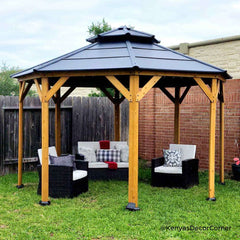 Sunjoy Outdoor Patio Octagon 13x13 Black 2-Tier Wooden Frame Backyard Hardtop Gazebo with Ceiling Hook