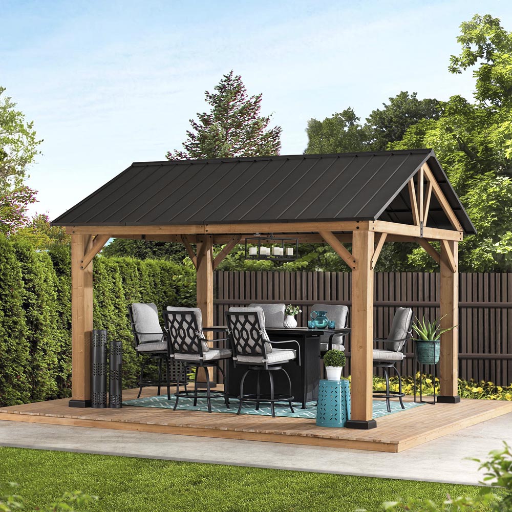 Sunjoy Outdoor Patio 11x13 Wooden Frame Gable Roof Backyard Hardtop Gazebo / Pavilion with Ceiling Hook.