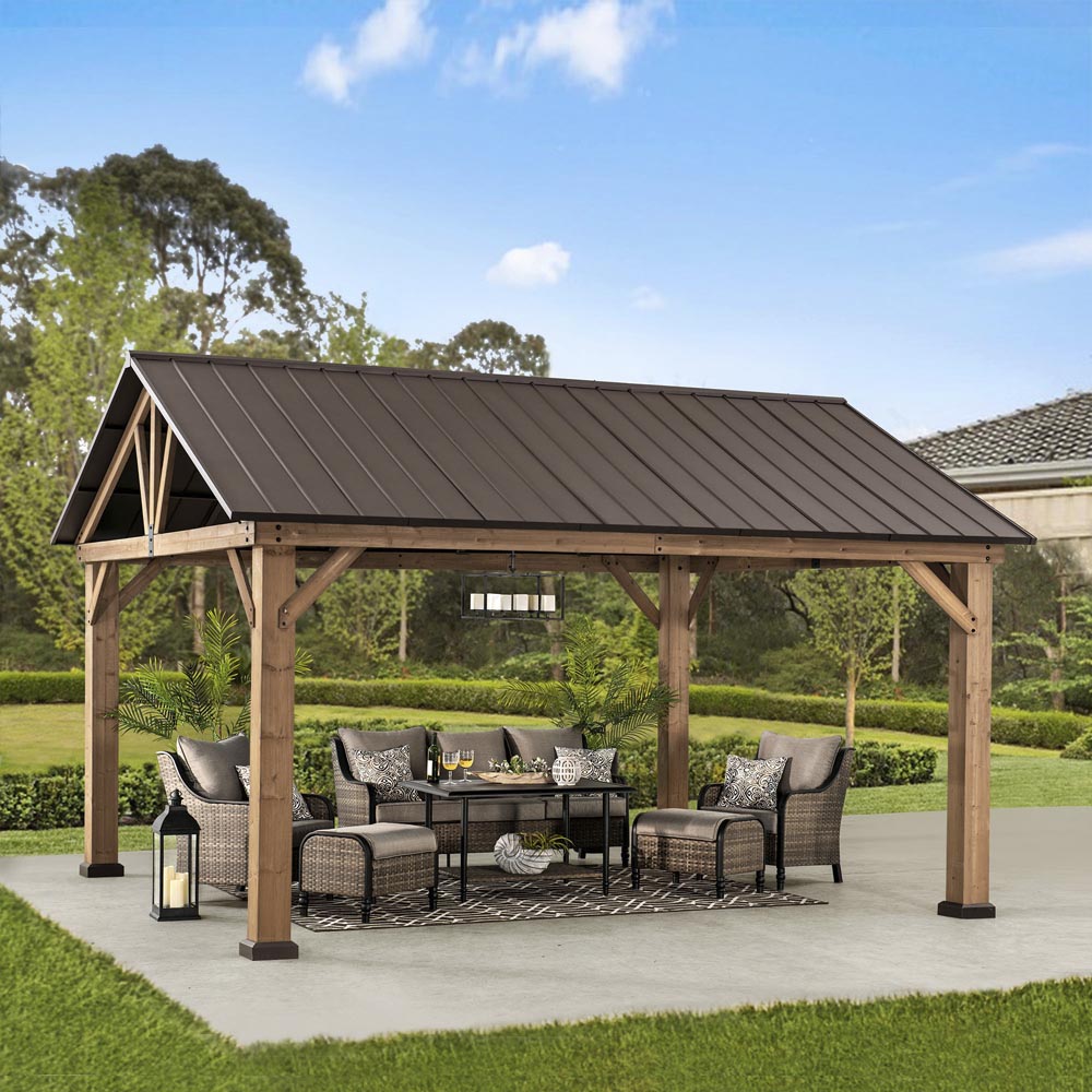 Sunjoy Outdoor Patio 13x15 Wooden Frame Steel Gable Roof Backyard Hardtop Gazebo/Pavilion with Ceiling Hook.