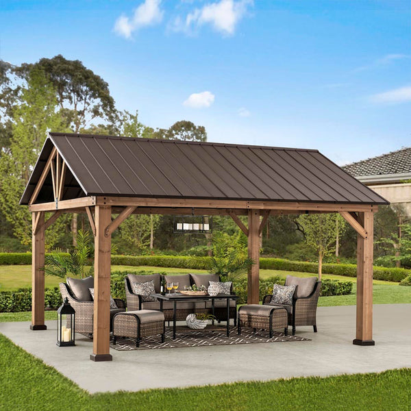 Sunjoy Outdoor Patio 13x15 Wooden Frame Steel Gable Roof Backyard Hardtop Gazebo/Pavilion with Ceiling Hook