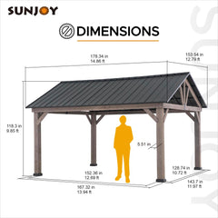 SUNJOY 13x15 Hardtop Gazebo Wooden Frame Outdoor Gazebo Patio Steel Gable Roof Backyard Gazebo / Pavilion with Ceiling Hook