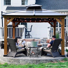 Sunjoy Outdoor Patio 11x11 Brown 2-Tier Wooden Frame Backyard Hardtop Gazebo with Ceiling Hook.