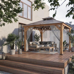 Sunjoy Outdoor Patio 11x11 Brown 2-Tier Wooden Frame Backyard Hardtop Gazebo with Ceiling Hook