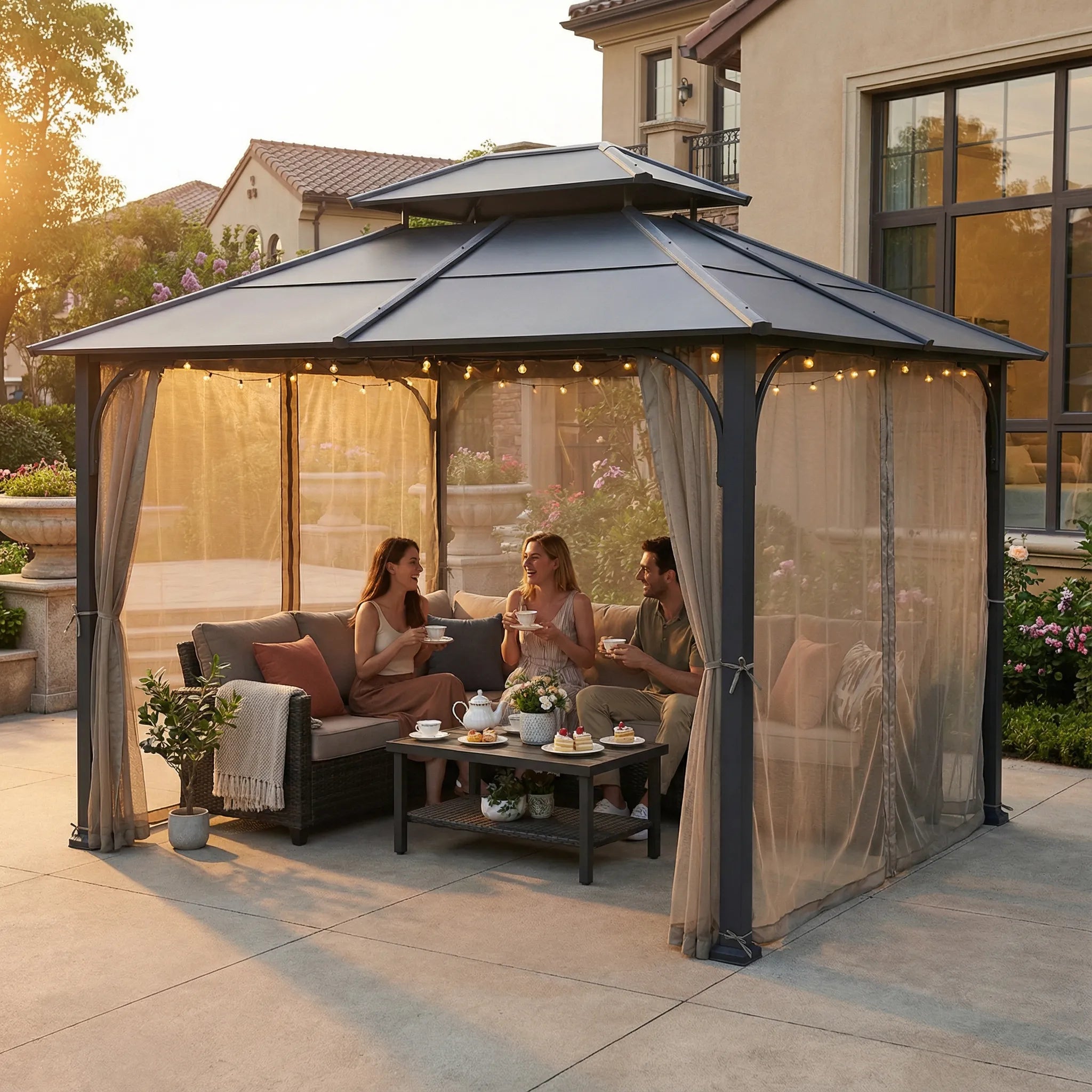 SUNJOY 10x12 Metal Hardtop Gazebo with Netting and Ceiling Hook -Black