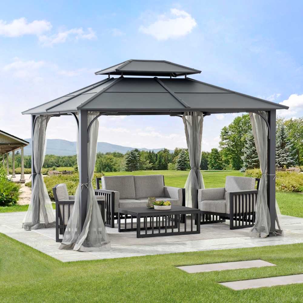 SUNJOY 10x12 Metal Hardtop Gazebo with Netting and Ceiling Hook.