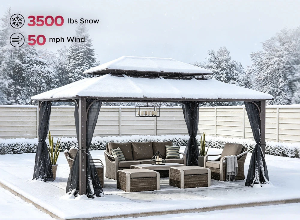 SUNJOY 12x16 Hard Top Gazebo with Steel Roof, Ceiling Hook, and Netting - Brown