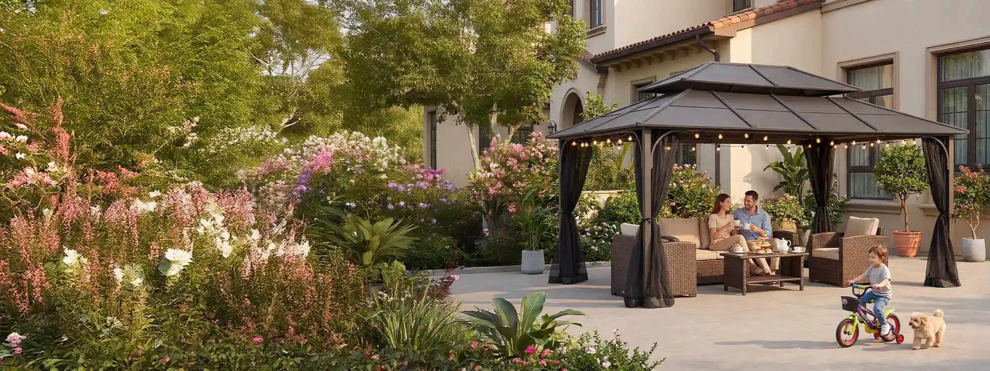 SUNJOY 12x16 Hard Top Gazebo with Steel Roof, Ceiling Hook, and Netting - Brown