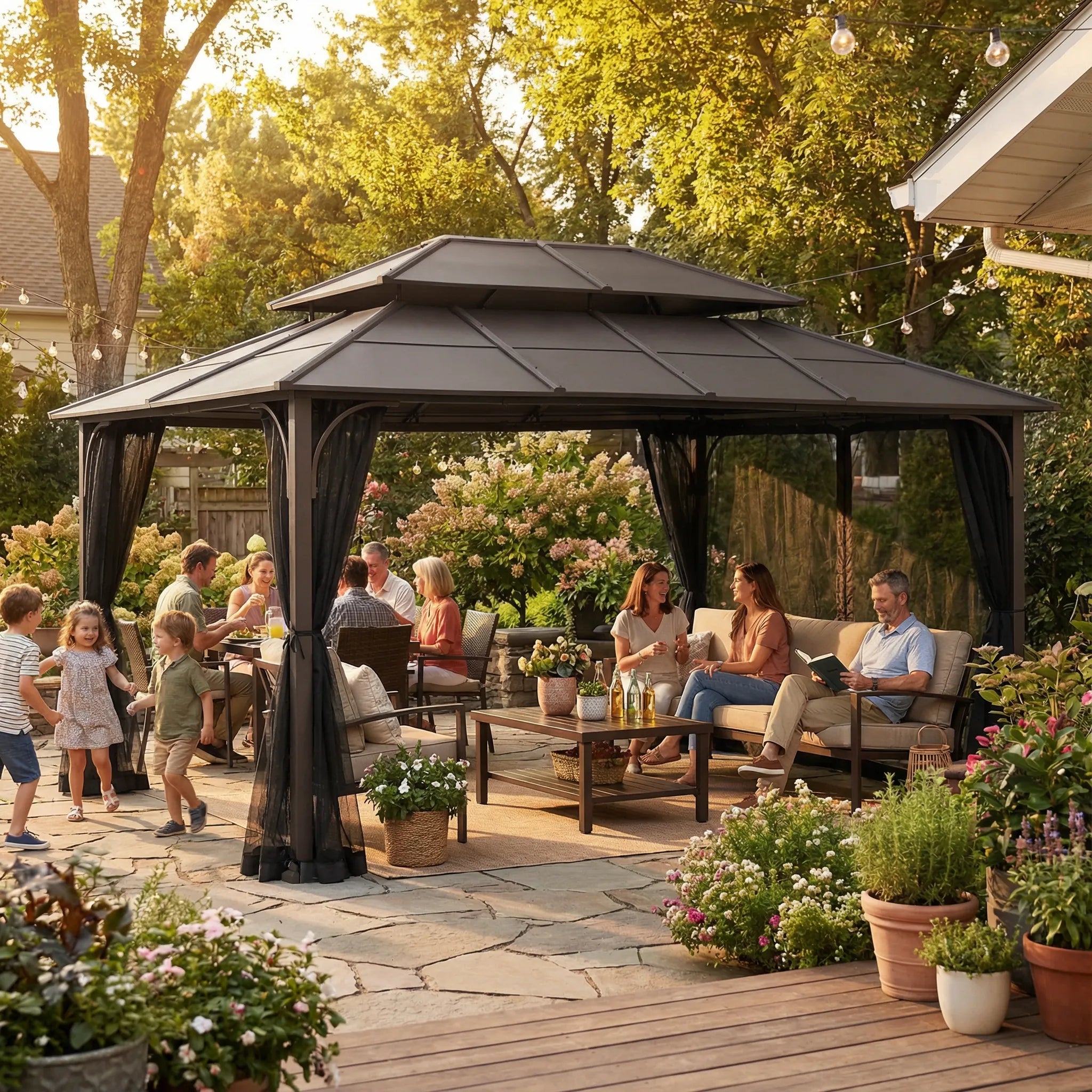 SUNJOY 12x16 Hard Top Gazebo with Steel Roof, Ceiling Hook, and Netting - Brown