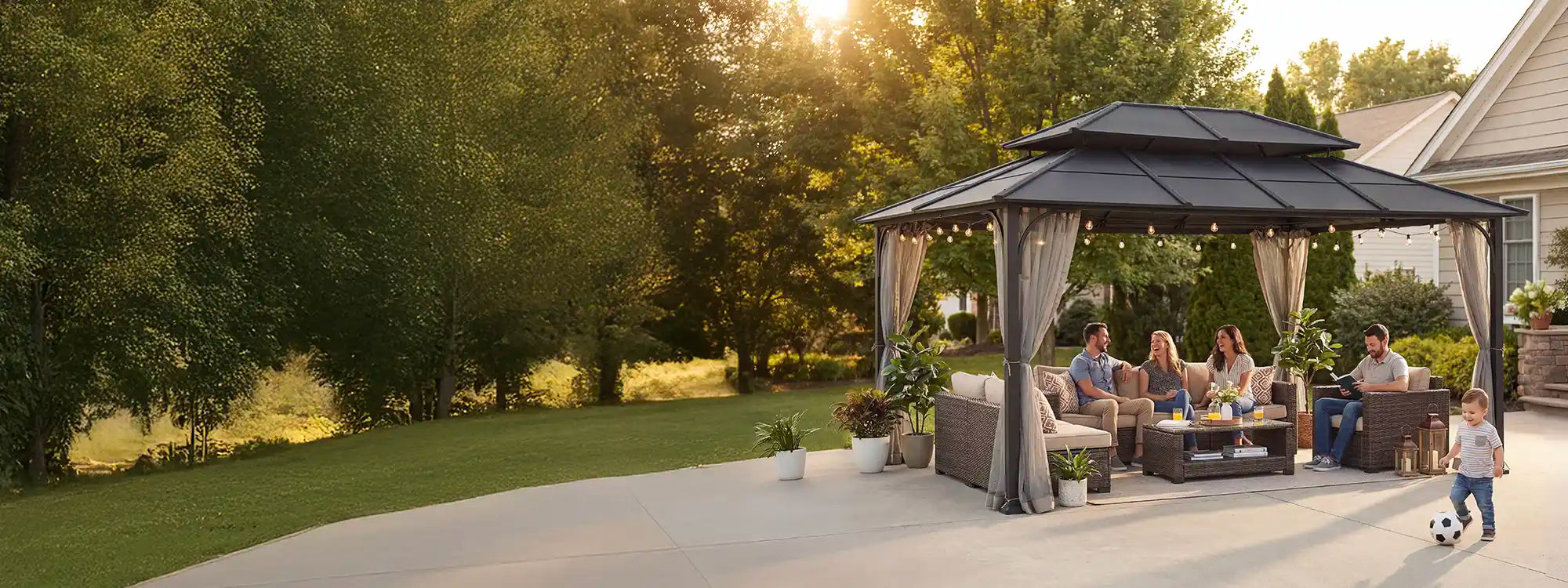 SUNJOY 12x16 Hard Top Gazebo with Steel Roof, Ceiling Hook, and Netting - Black