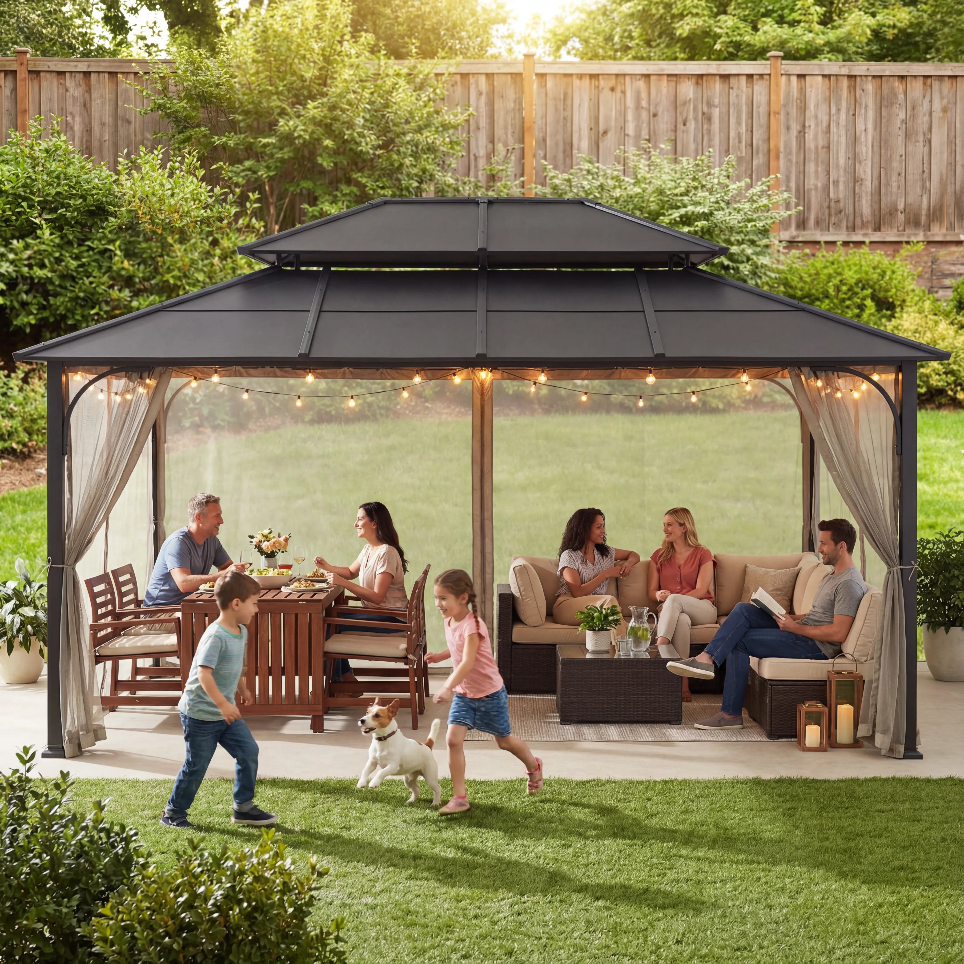 SUNJOY 12x16 Hard Top Gazebo with Steel Roof, Ceiling Hook, and Netting - Black