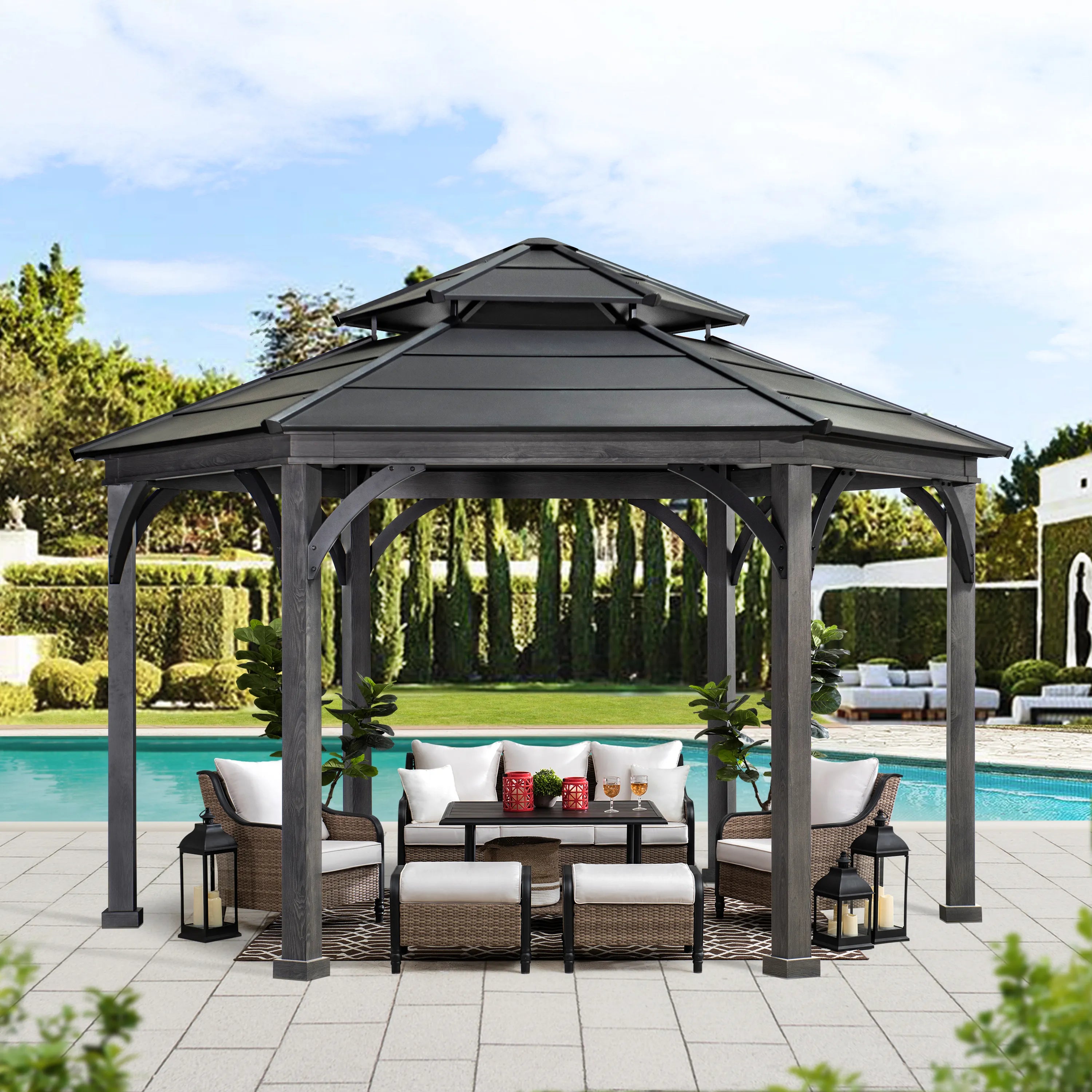 SUNJOY 15x15 Aluminum Framed Hexagonal Hardtop Gazebo with Ceiling Hook