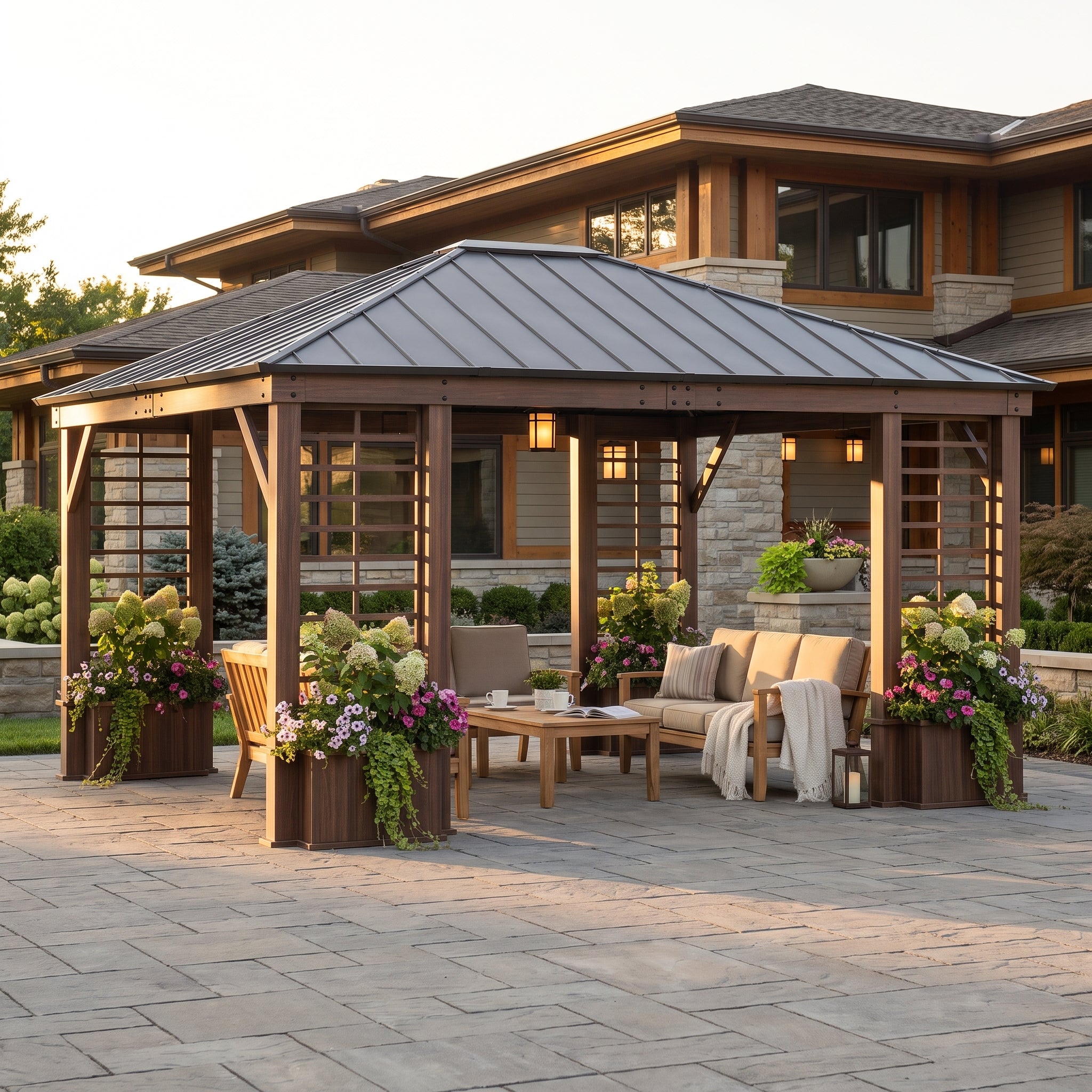 Veranda Woodgrain Steel Roof Planter Gazebo, 13x15