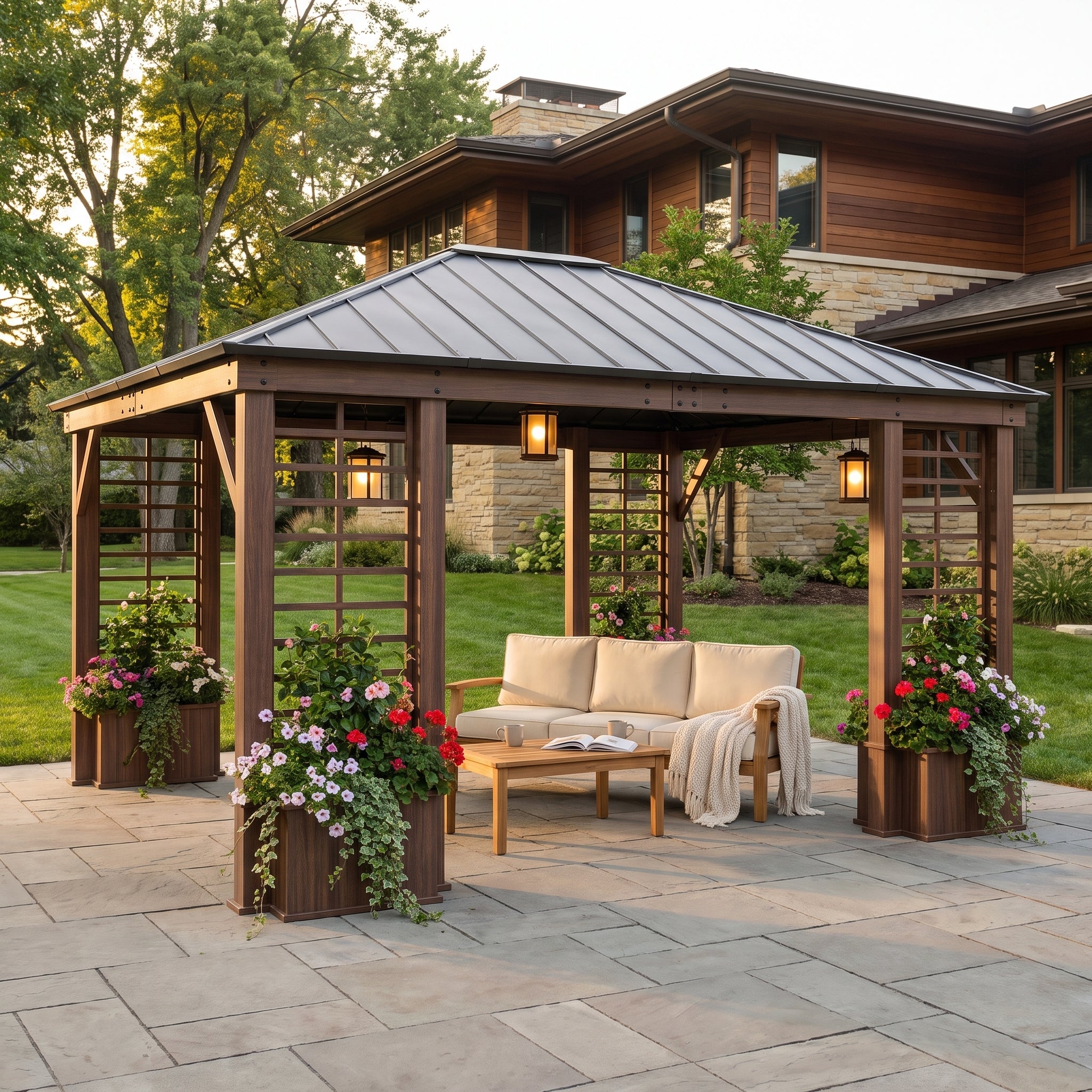 Veranda Woodgrain Steel Roof Planter Gazebo, 13x15
