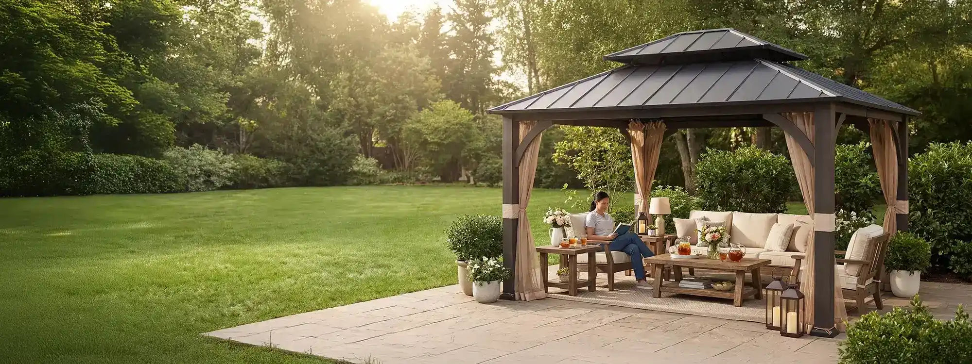 SUNJOY 15x13 Hardtop Steel Gazebo with Netting, Ceiling Hook & Realistic Woodgrain Finish