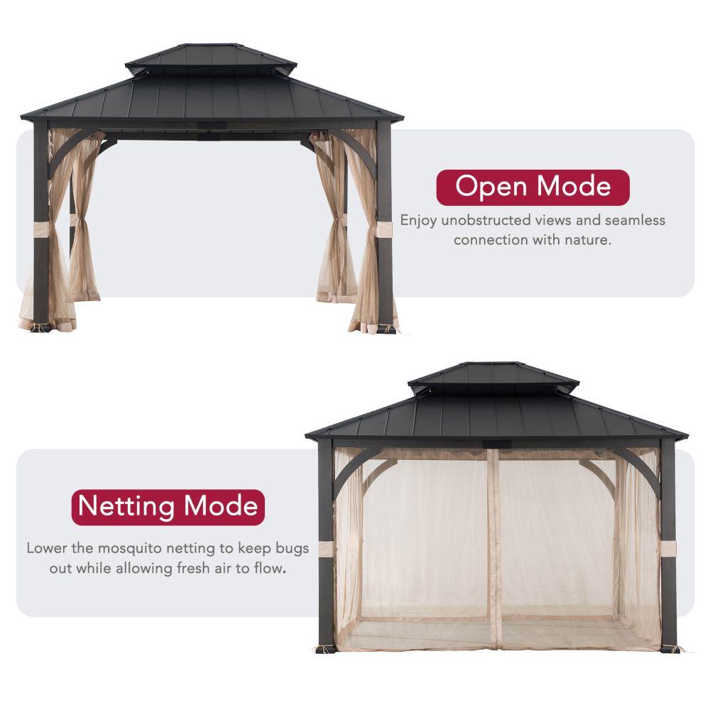 SUNJOY 15x13 Hardtop Steel Gazebo with Netting, Ceiling Hook & Realistic Woodgrain Finish