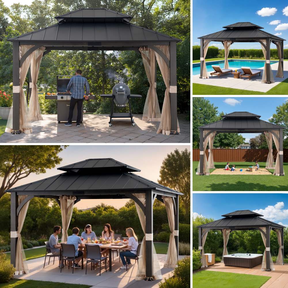 SUNJOY 15x13 Hardtop Steel Gazebo with Netting, Ceiling Hook & Realistic Woodgrain Finish