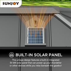 Sunjoy 10x12 Hardtop Gazebo, Outdoor Patio Aluminum Frame Gazebo with Solar Panel, 2-Tier Steel Hardtop Backyard Gazebo with Netting and Ceiling Hook