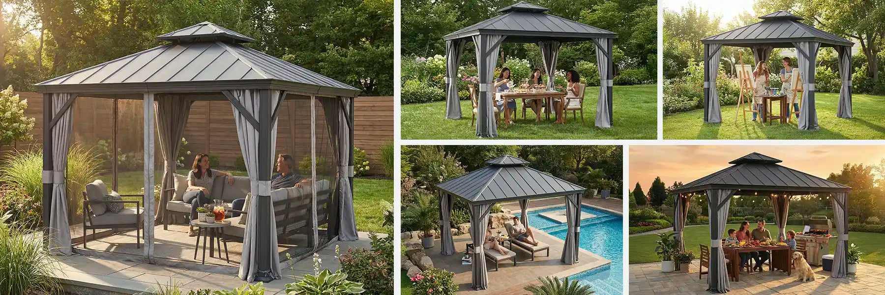 SUNJOY 10x10 Hardtop Gazebo with Aluminum Frame, Netting, and Curtain