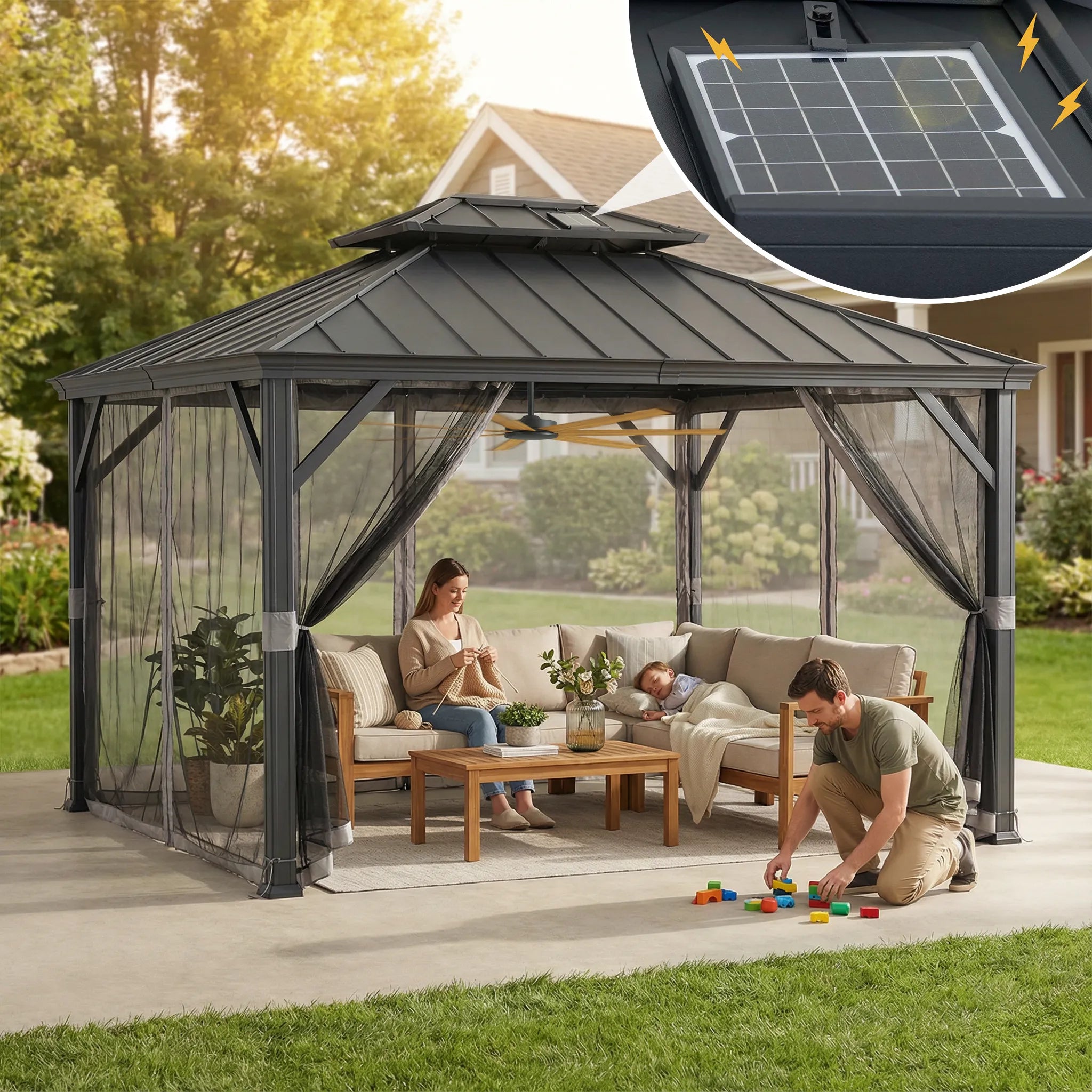10x12 Hardtop Metal Gazebo with Netting & Solar Panel - SUNJOY